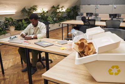 Professionnel travaillant dans un espace de coworking lumineux avec des plantes et une poubelle de recyclage.